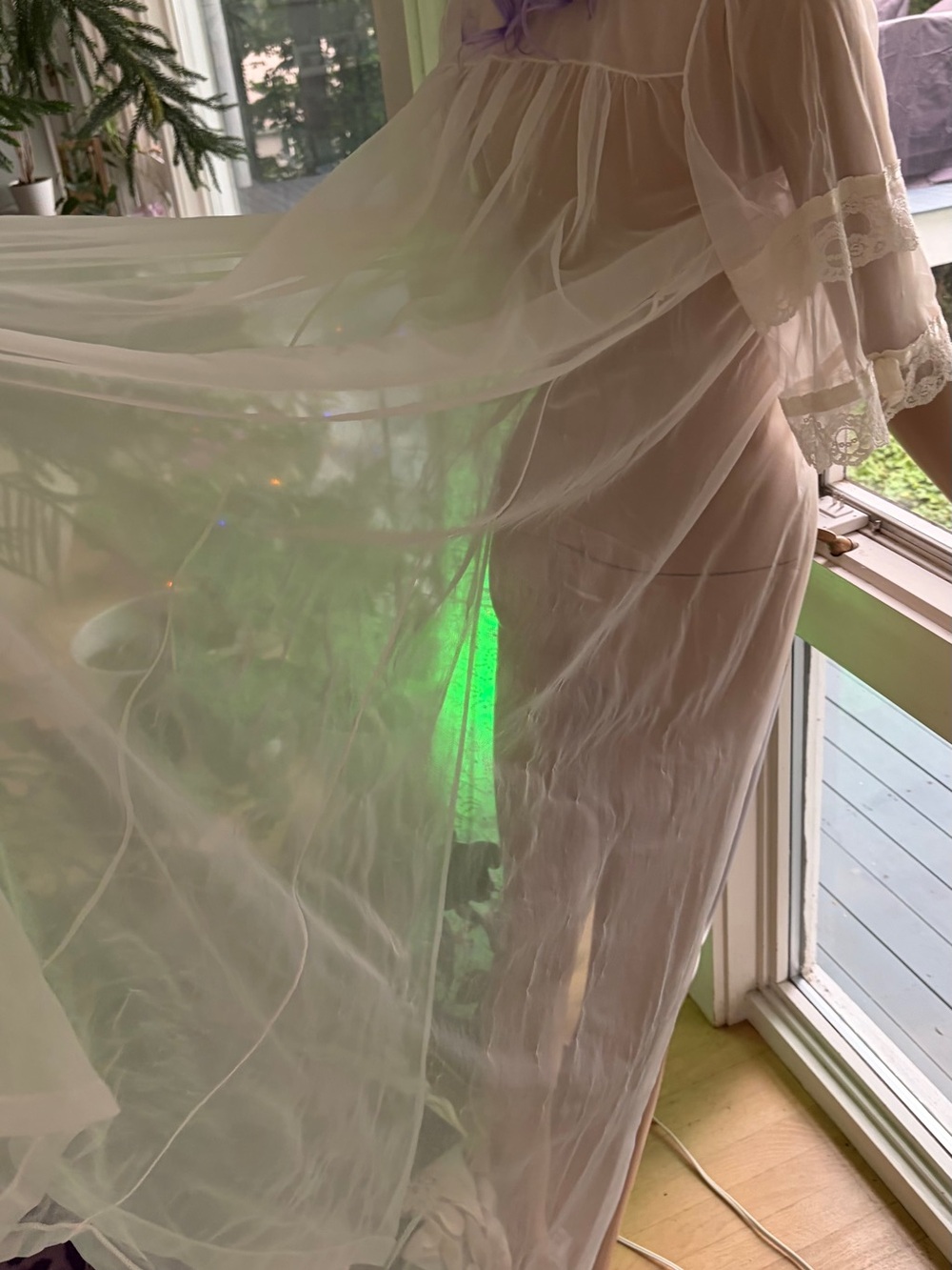 Vintage Sheer Lace-Trim Long Peignoir - Cream - Picture 3 of 7